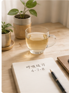 窗边茶杯、笔记本和绿植，象征白天短暂停顿